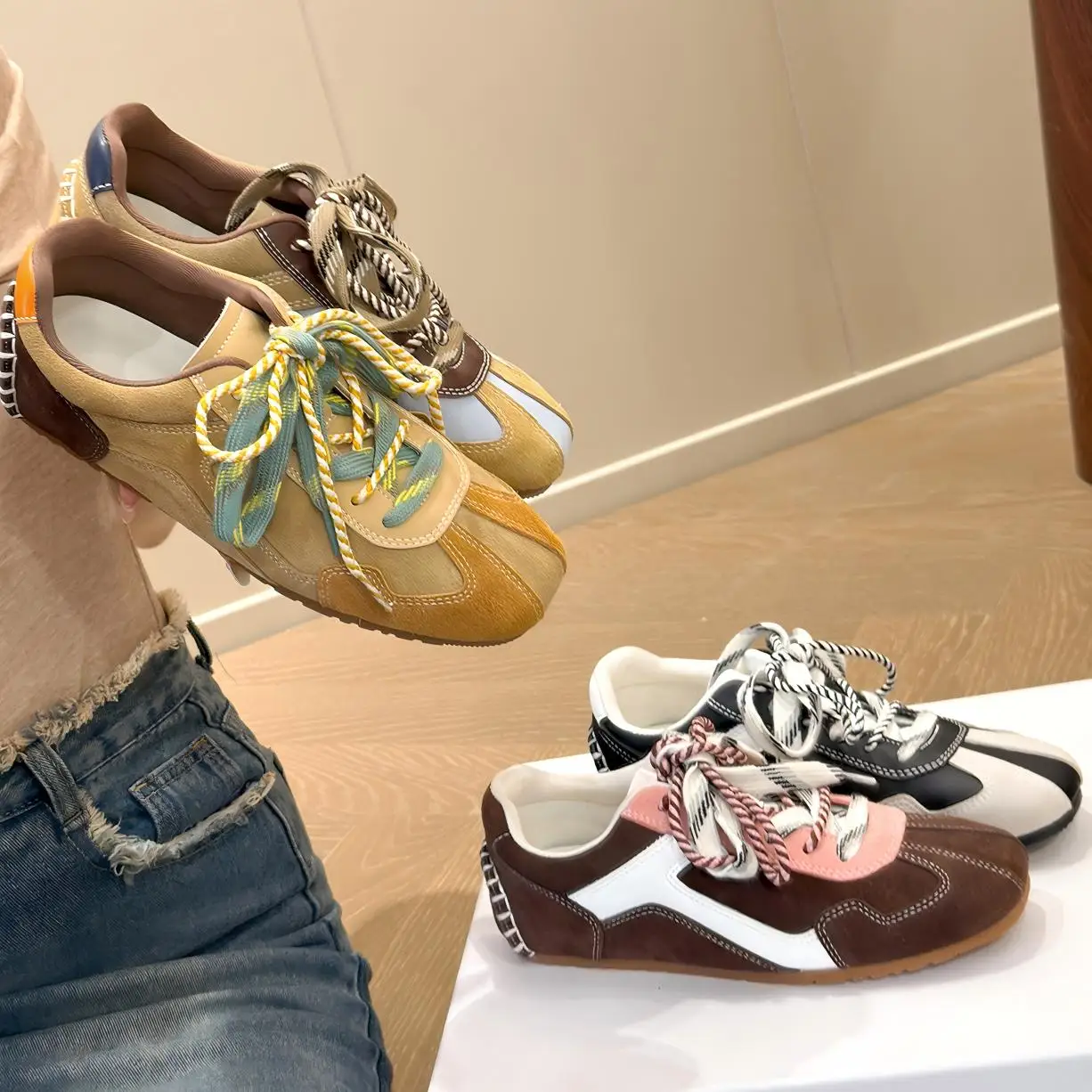 Purcoral 2026 Women Retro Color Blocking Sneakers Multicolor Braided Laces Flat Casual Shoes Ladies Soft‑Sole Vintage Sneakers