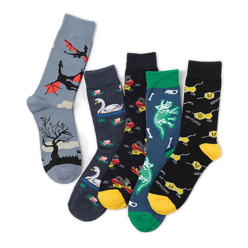 Combed Cotton Men's Socks Colorful Print Cat Dog Plants Cartoon Men Happy Funny Skateboard Socks