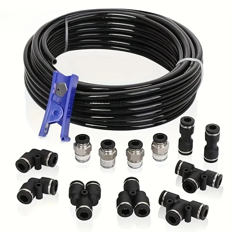 Air Hose Kit, 1/4 Inch OD x 32.8 Feet Polyurethane Tubing and Push-to-Connect Fittings14pcs Compression Tube and Accessories Set