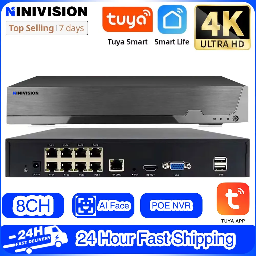 

Tuya Face Detection H.265 8CH*4K PoE Network Video Recorder Surveillance PoE NVR 8Channel For HD 8MP 5MP IP Cameras Smart app