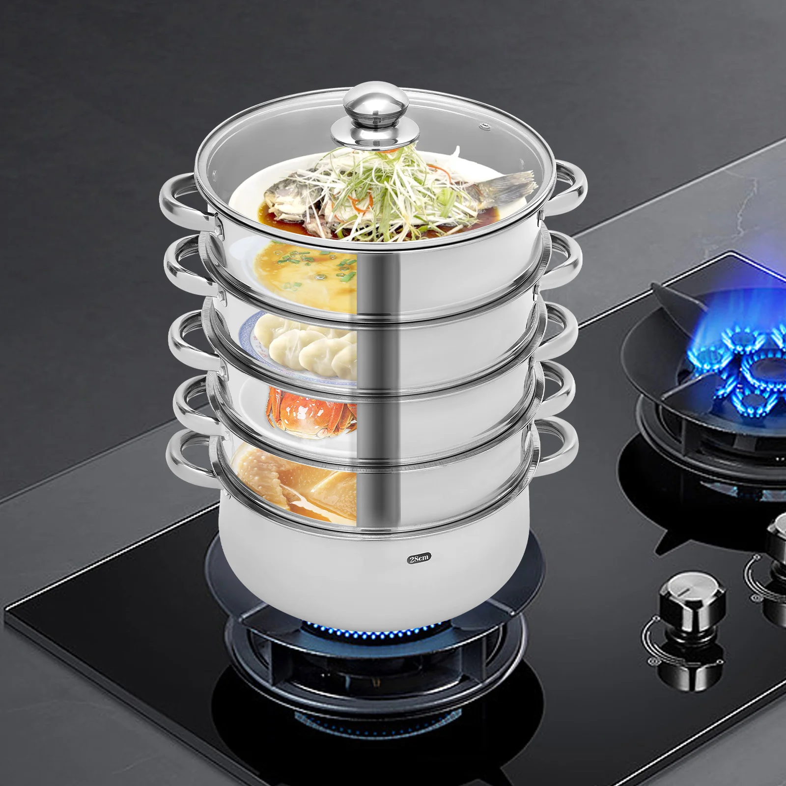 26CM/28CM/30CM  5 Tier Stainless Steel Steam Cooker Steamer Food Vegetable Pot Kitchen