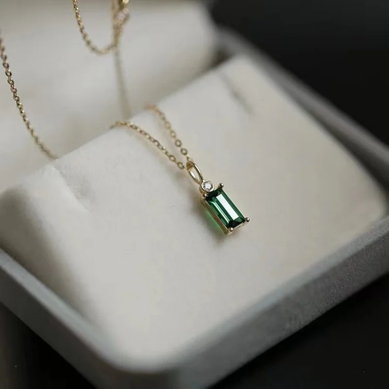 925 Sterling Silver European Simple Square Green Crystal Pendant Clavicle Chain Necklace Women Classic Plating Gold Fine Jewelry