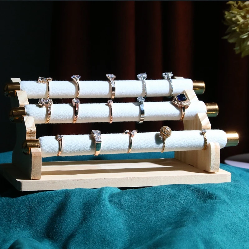 حامل حلقي لعرض المجوهرات الخشبية من 3 طبقات من ABQR، حامل عرض مجوهرات على شكل حرف T ومنظم باللون الأبيض #6