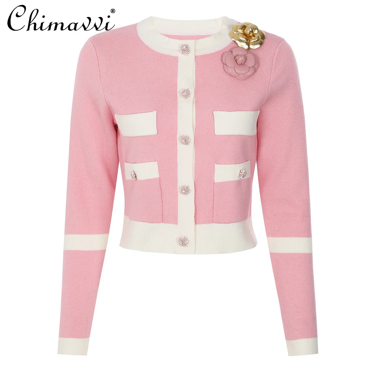 

Autumn New High-end Fashion 3D Flower Long-sleeved Sweater OL Long-sleeved Single-breasted Slim Fit Elegant Knitted Cardigan