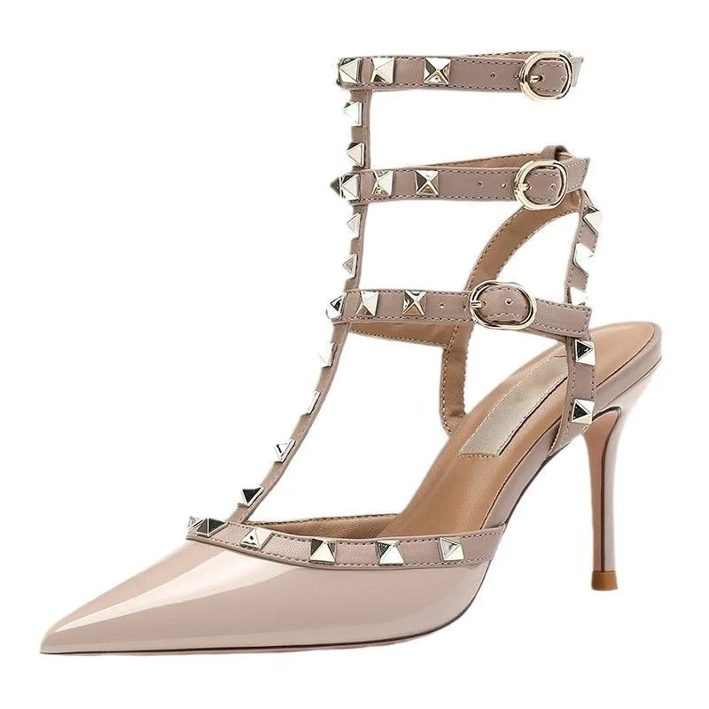 Sexy Metal Studded High Heel Sandals for Women 2026 Summer One Band Buckle Strap Open Toe Pump Shoes Ladies Wedding Guest Shoes image 5