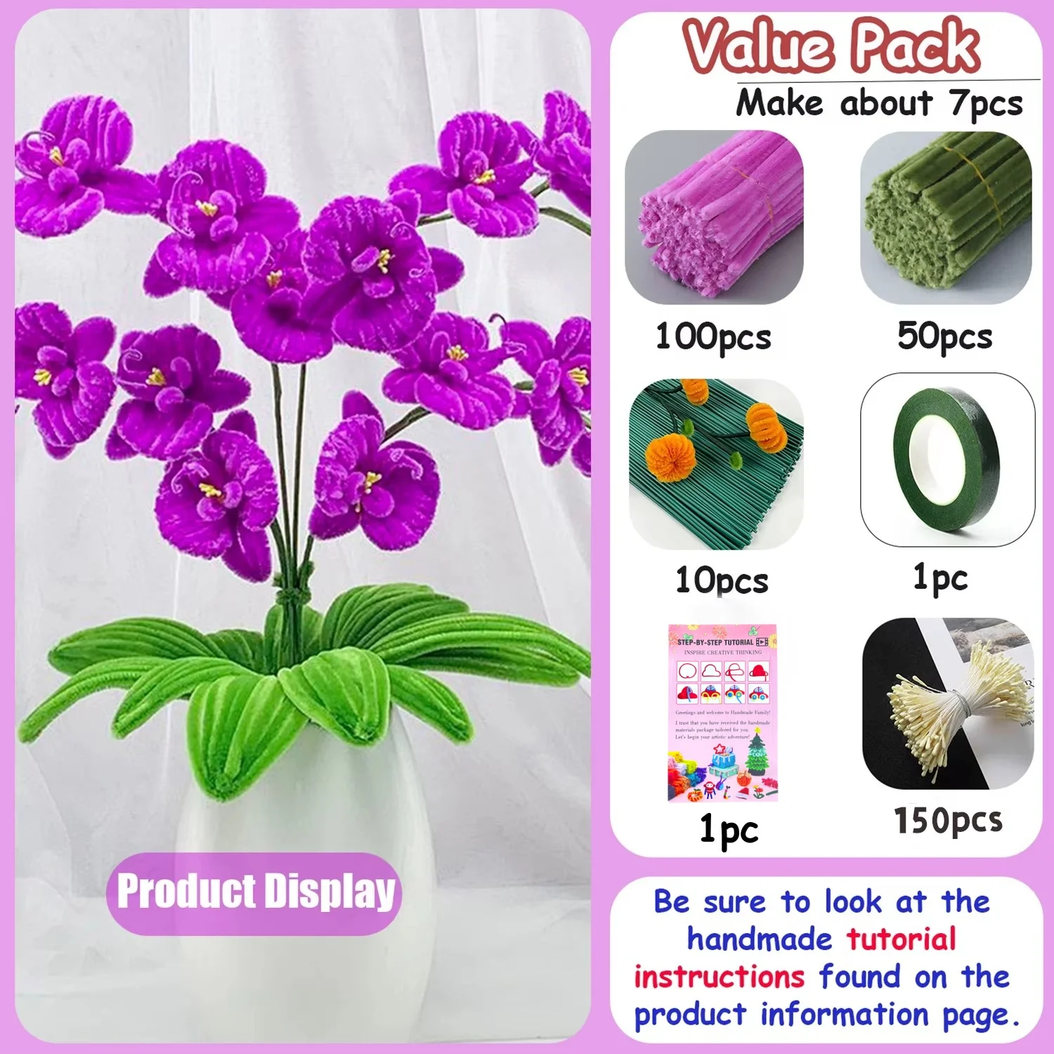 312Pcs Phalaenopsis Flower Bouquet Pipe Cleaner DIY Making Kit, Beginner Friendly, Complete Accessories, with Tutorial Card