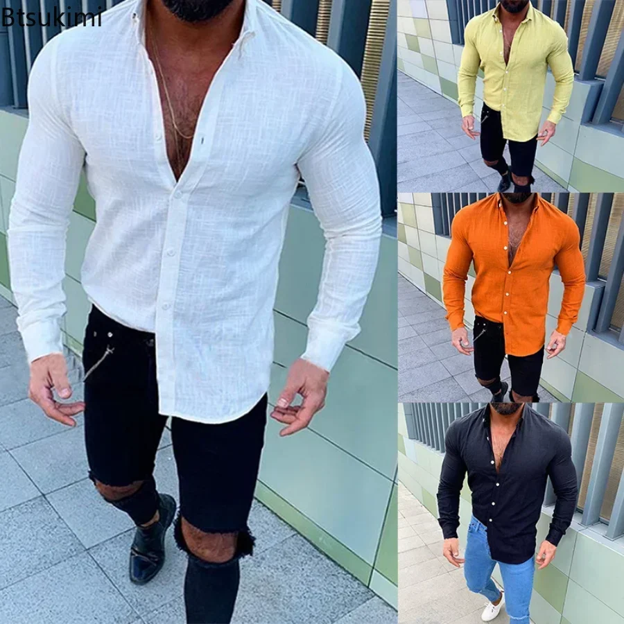 2024 camicie Casual a maniche lunghe da uomo in cotone e lino stile sottile risvolti camicia di canapa maschile Cardigan allentato t-Shirt camicia di moda per uomo