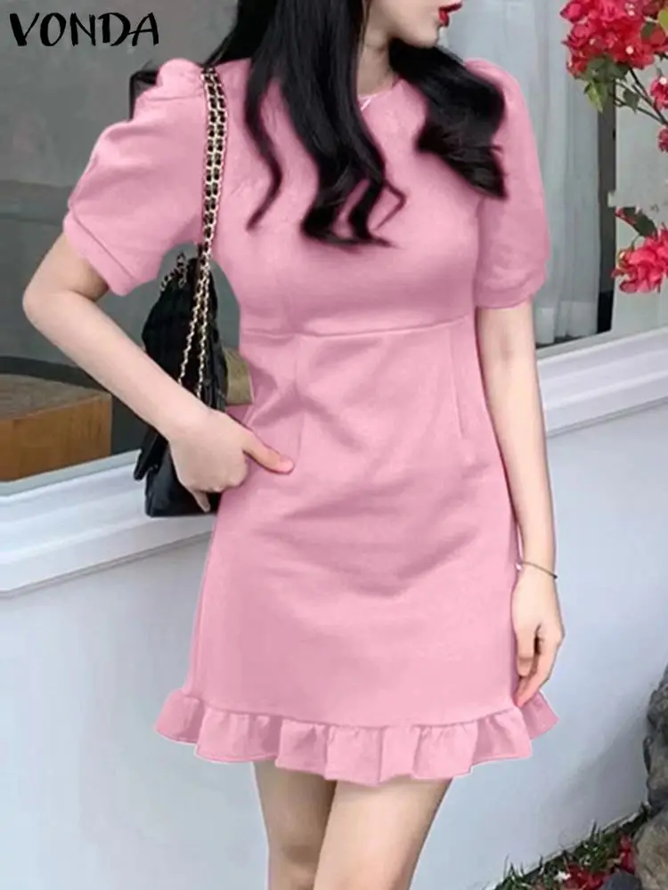 

Women Summer Sundress VONDA Fashion Mini Dress 2023 Elegant Casual Solid Color Round Neck Short Sleeve Ruffled Hem Vestidos Robe