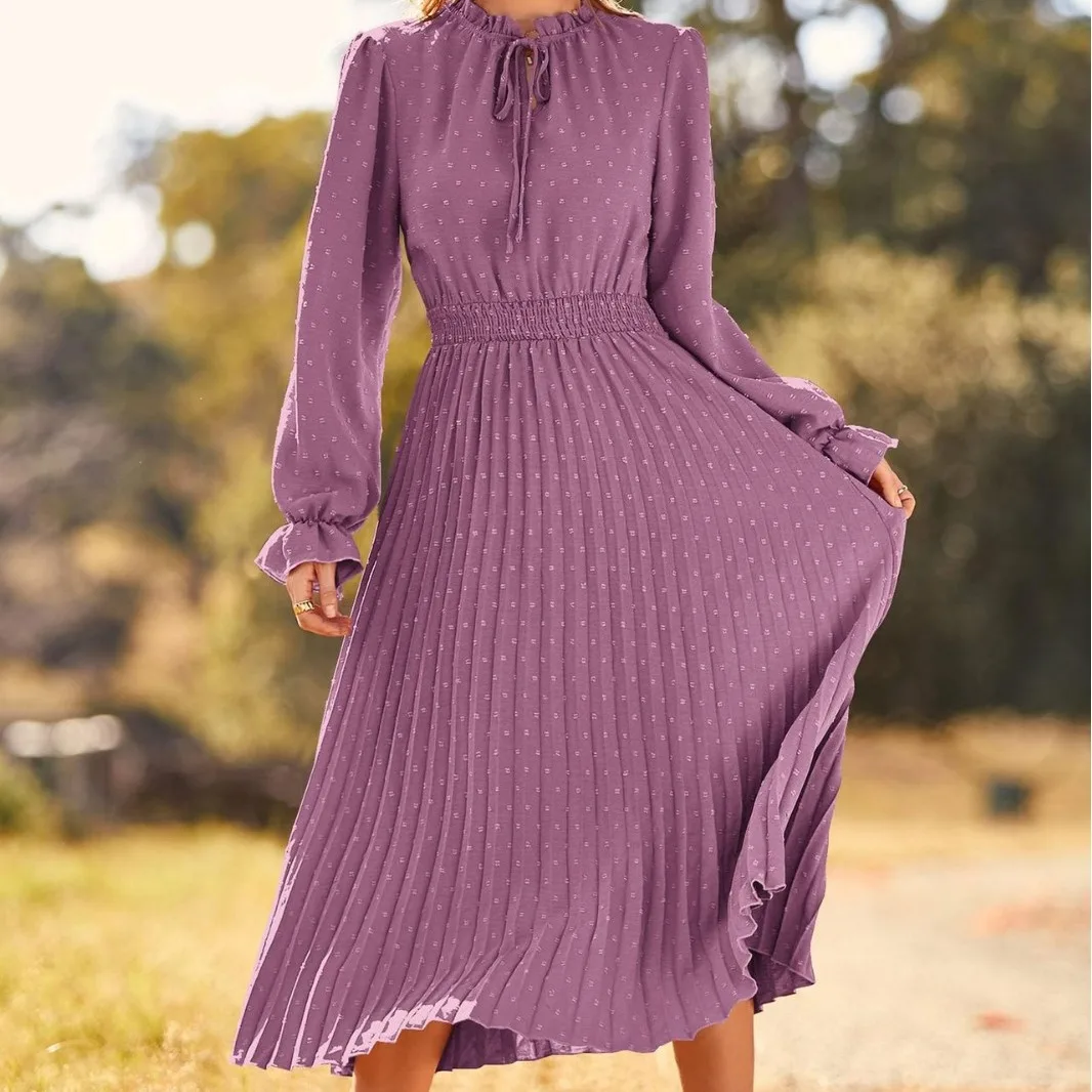 Women's Long Summer Dress 2024 New V-neck Polka Dot Jacquard Weave Pleated Flowing Long Dress Female Long Sleeve Dress For Women