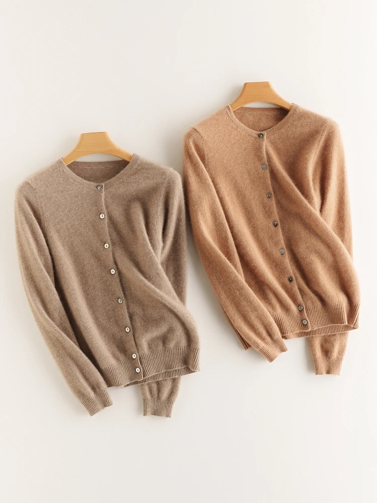 

Women O-Neck Cardigan 100% Cashmere Sweater Simple Solid Color Knitwear Autumn Winter High Quality Female Grace Soft Basics Tops