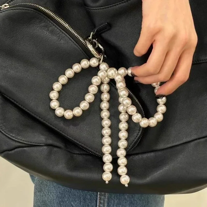 Korean Fashion Imitation Pearl Beaded Bow Key Chain Pendant for Women Girls Delicate Ornament Decoration for Bags and Phones