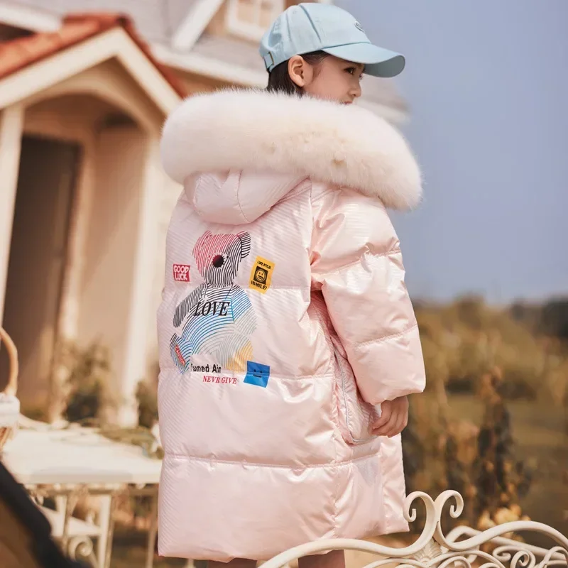 Girls 90% White Duck Down Long Jacket With Fur Hood Autumn Winter Kids Casual Coat Children Cartoon Outwear Big Pocket XMP205