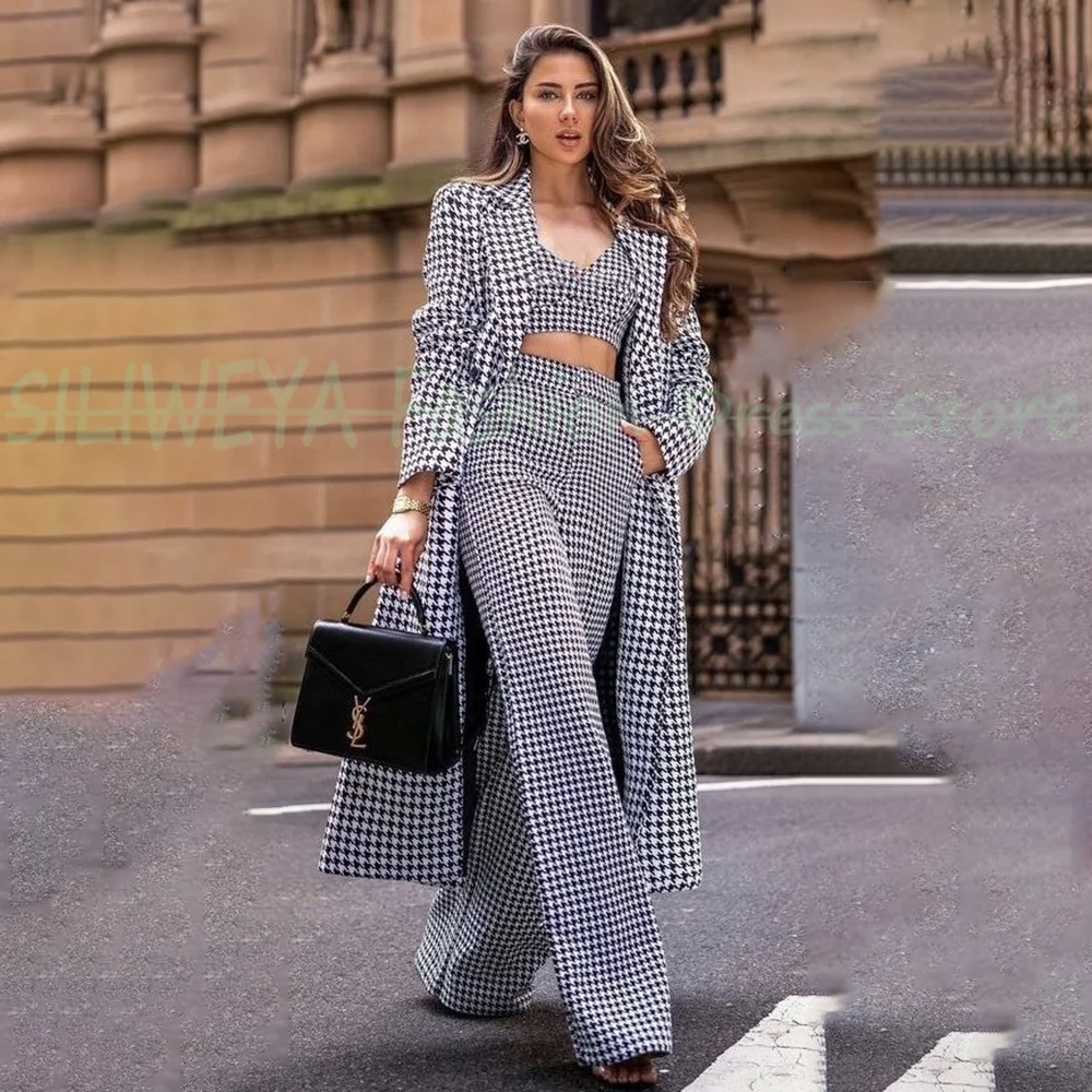 Women's Houndstooth Office Business Suit Outfits Autumn Long Jacket Blazer Two-piece Casual Wide Leg Pants Fashion Trousers Set