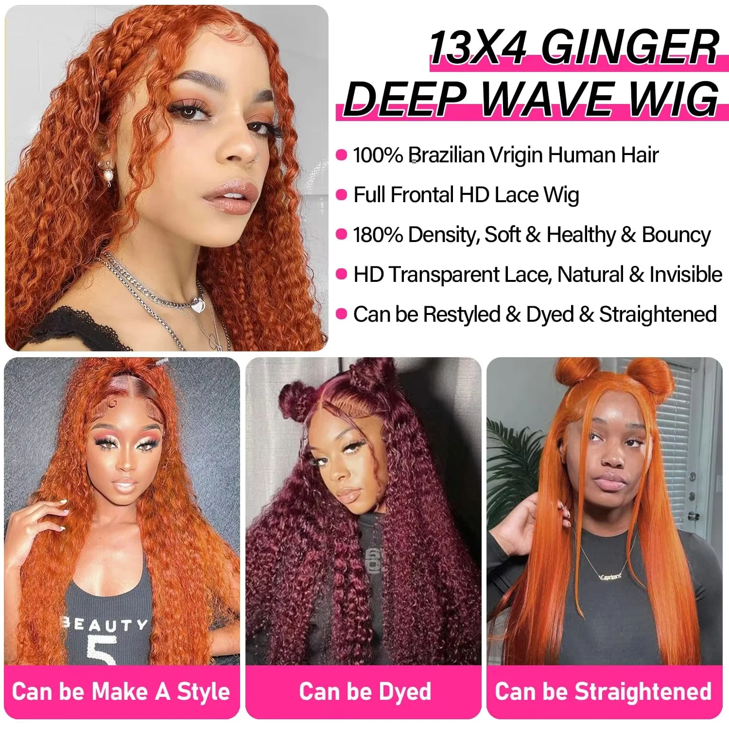 Smilegirl 40Inch Orange Ginger Curly 13x6 Lace Front Wigs Human Hair For Women Deep Wave 13x4 Lace Frontal Wig 350 Colored Pre Plucked Brazilian - view 6
