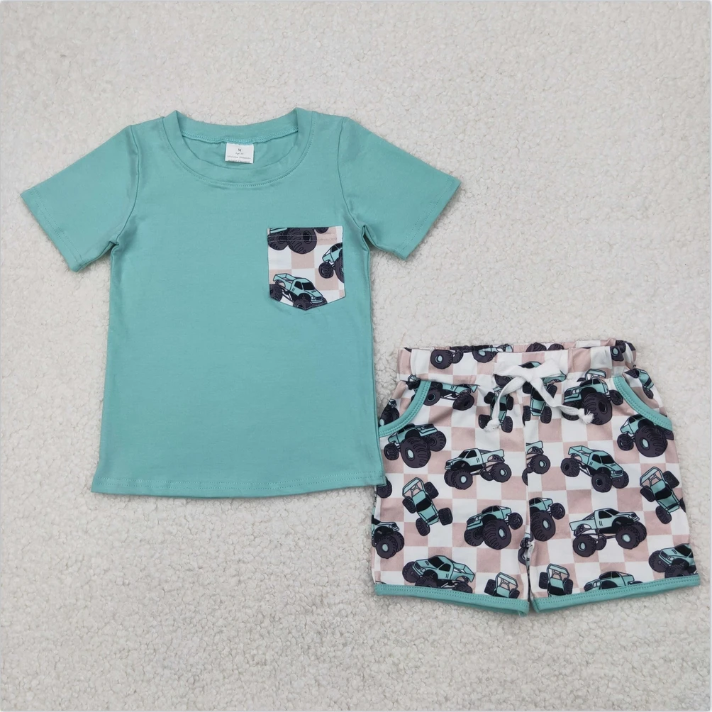 

Hot Sale Kids Designer Clothing Wholesale Children Clothes Baby Boys Light Green Pocket Top Khaki Trucks Shorts Clothes Sets