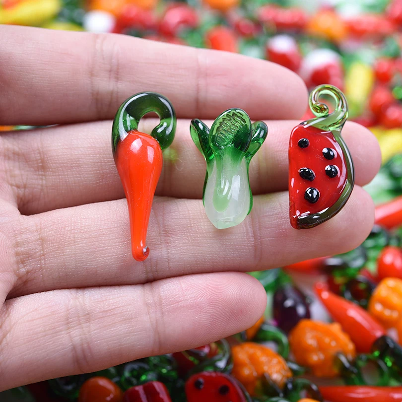 15pcs Mixed Glass Pepper Cherry Cabbage Pendants For Jewelry Making Supplies Red Apple Fruit Charm Pendant DIY Keychain Material