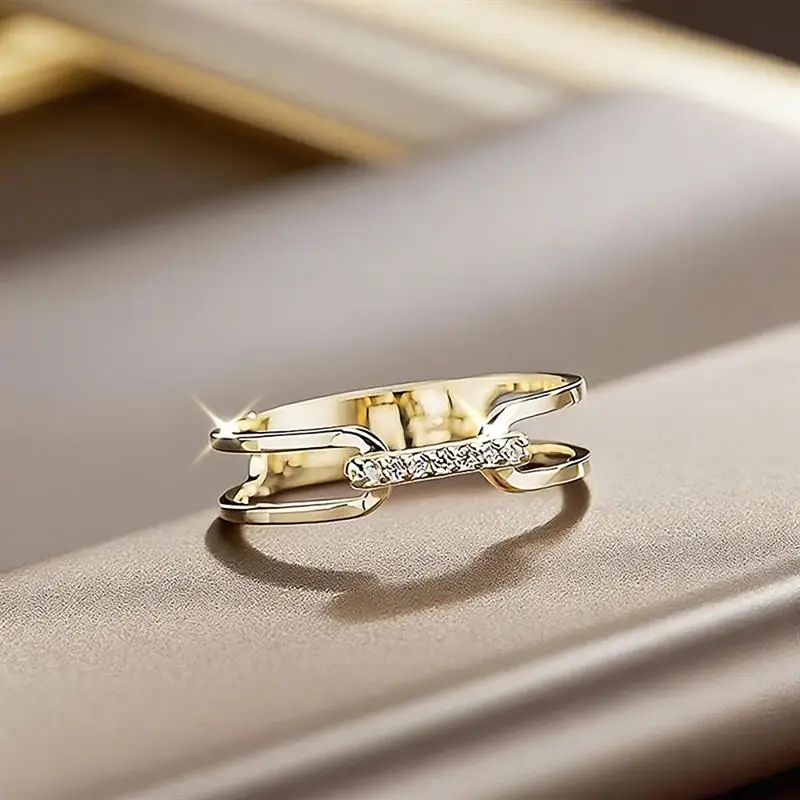 Huitan Chain Linked Design Women Ring Gold Color Inlaid Bright Cubic Zirconia Trendy Wedding Party Versatile Accessories Jewelry
