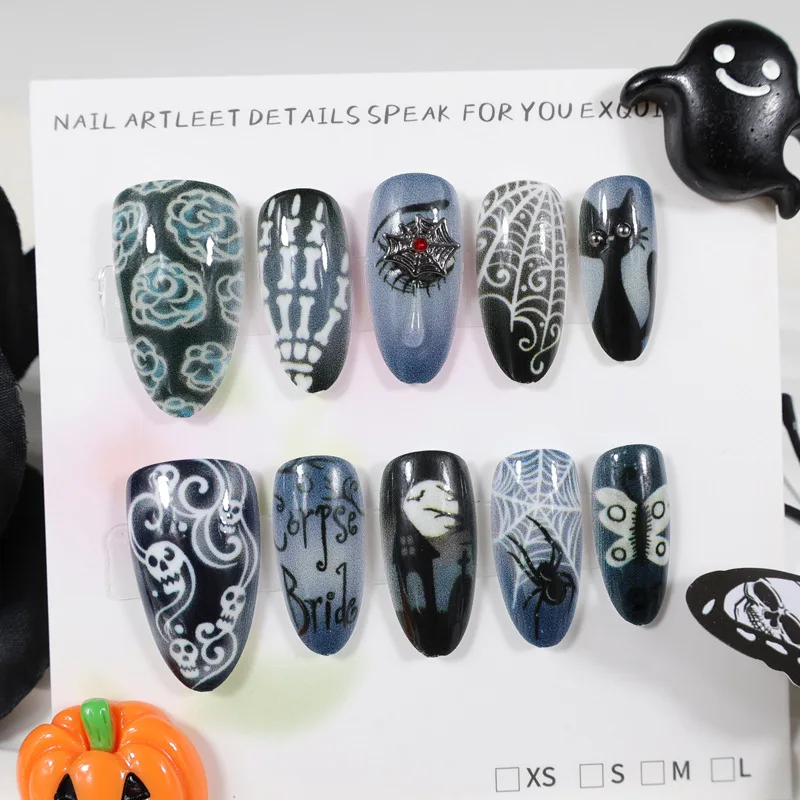 30pcs Press on Nails Long Almond Embossed Halloween Spider Web Skull Ghost False Nails Spooky Removable Manicure for Halloween
