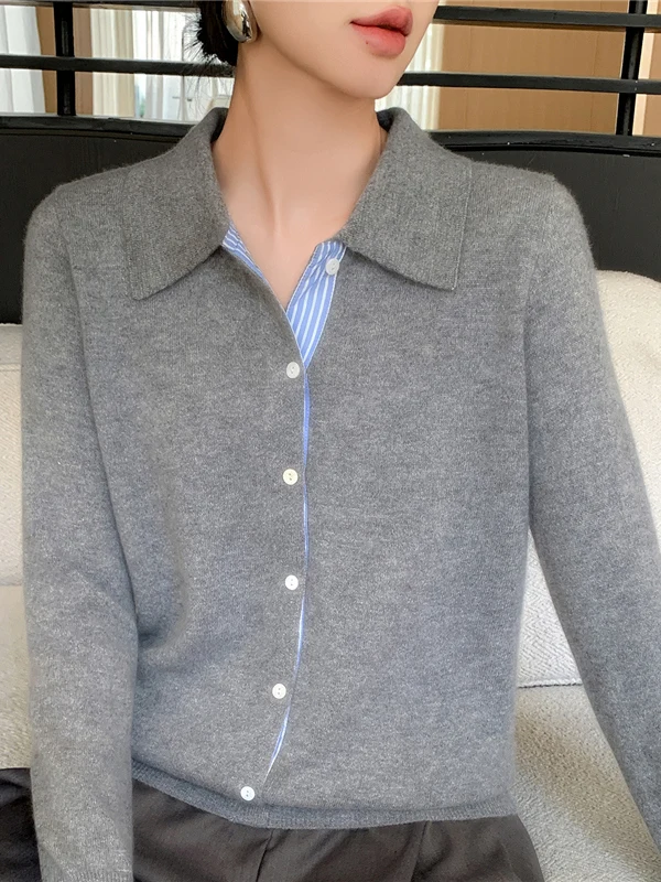 가을 신상 슬림 앤디 페이스 칼라 여성 니트 스웨터 코트 컬러 블록 슬림핏 패셔너블 롱 스웨터 보온성