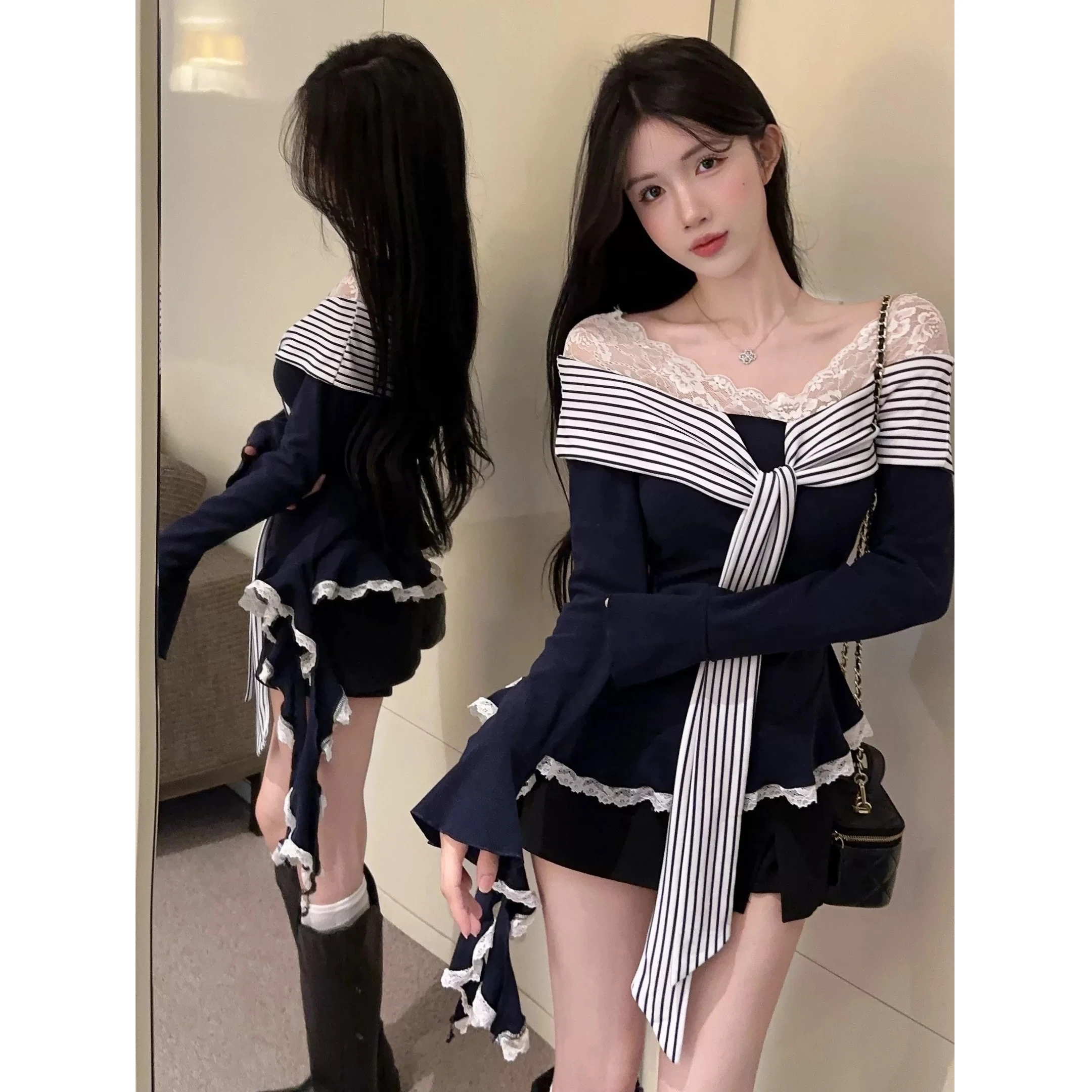 

Корейская студенческая футболка с длинным рукавом, сексуальная, с кружевными вставками, асимметричным полосатым дизайном, укороченный топ из полиэстера, повседневный стиль