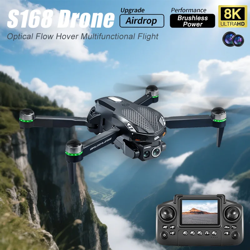 2025 S168 RC Drone pantalla de 2,4 pulgadas Motor sin escobillas 8K HD cámaras duales posicionamiento de flujo óptico juguete de avión para evitar inteligente