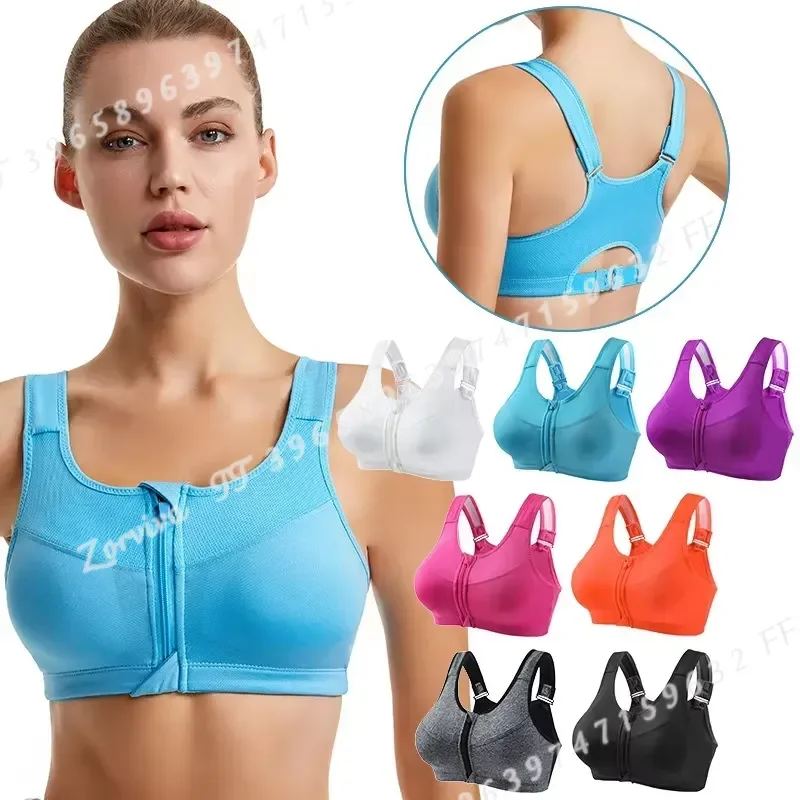 Women Plus Size Front Zipper Sports Bra High Impact Adjustable Racerback Wirefree Workout Running Yoga Bra S-5XL