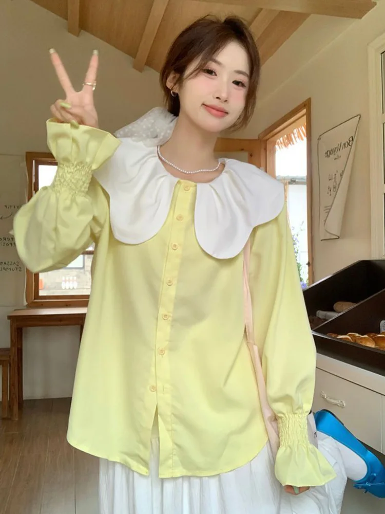 Preppy Style Sweet Cute Shirts Women Loose Elegant Long Sleeve Fall Blouse Vintage Casual Soft Japan Female Yellow Kawaii Tops