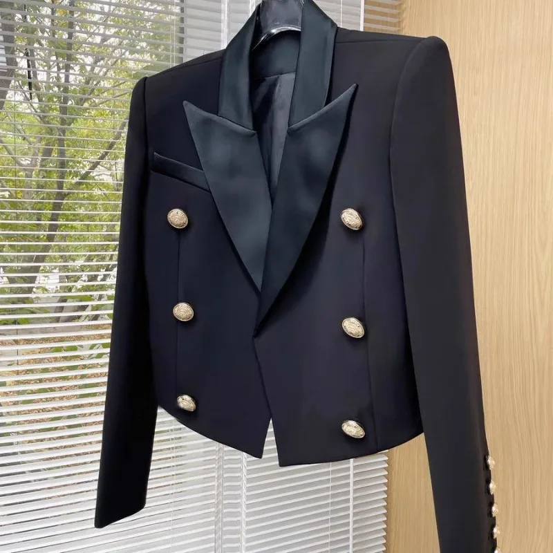 Luxury Brand Autumn Cropped Jackets Women Black Blazer Lapel Metal Button Long Sleeves Office Lady Coat Cropped Blazer Short Top