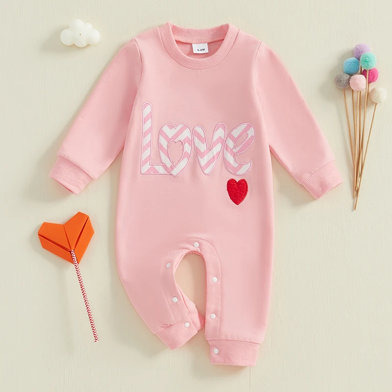 Baby Girls Valentines Romper Fashion Clothes Casual Letter Heart Embroidery Long Sleeve Jumpsuits for Toddler