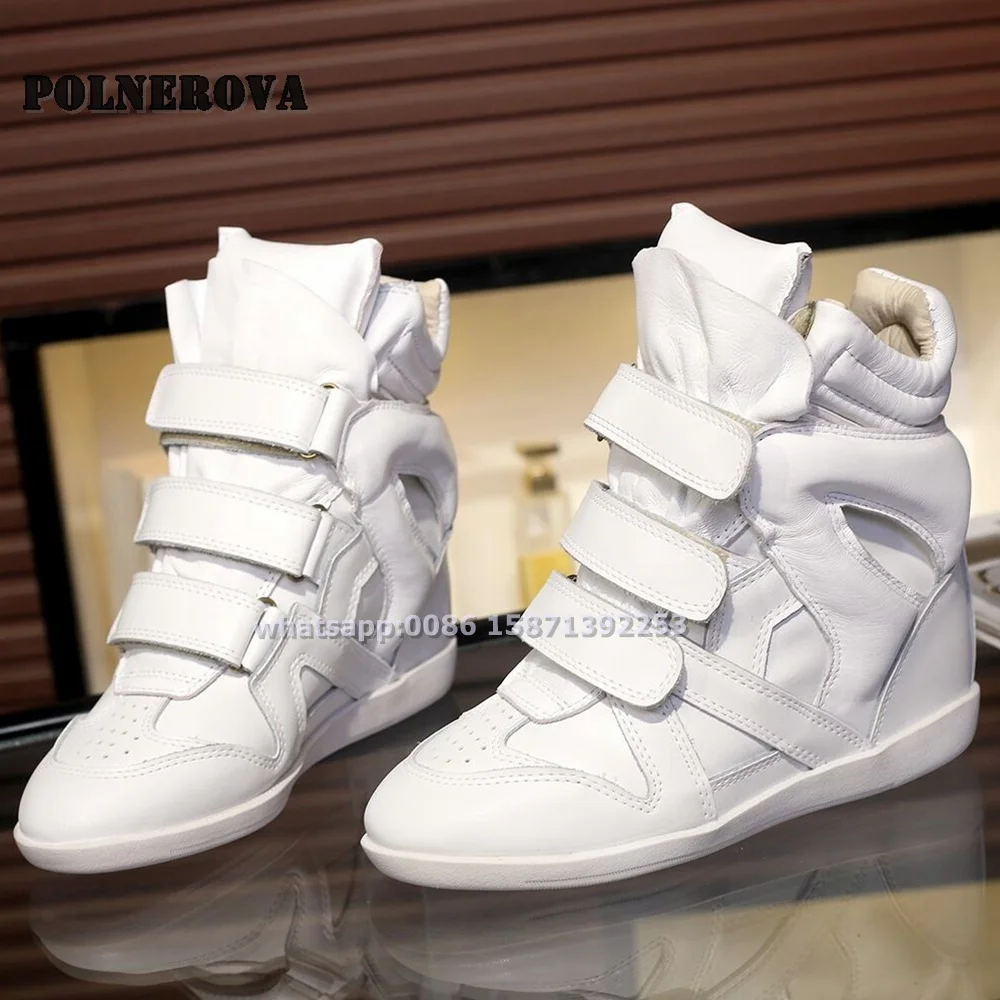 

White Hook and Loop Wedge Sneakers Round Toe Height Increasing Patchwork Women Winter Shoes Mixed Colors Autumn Ankle Boots 2024