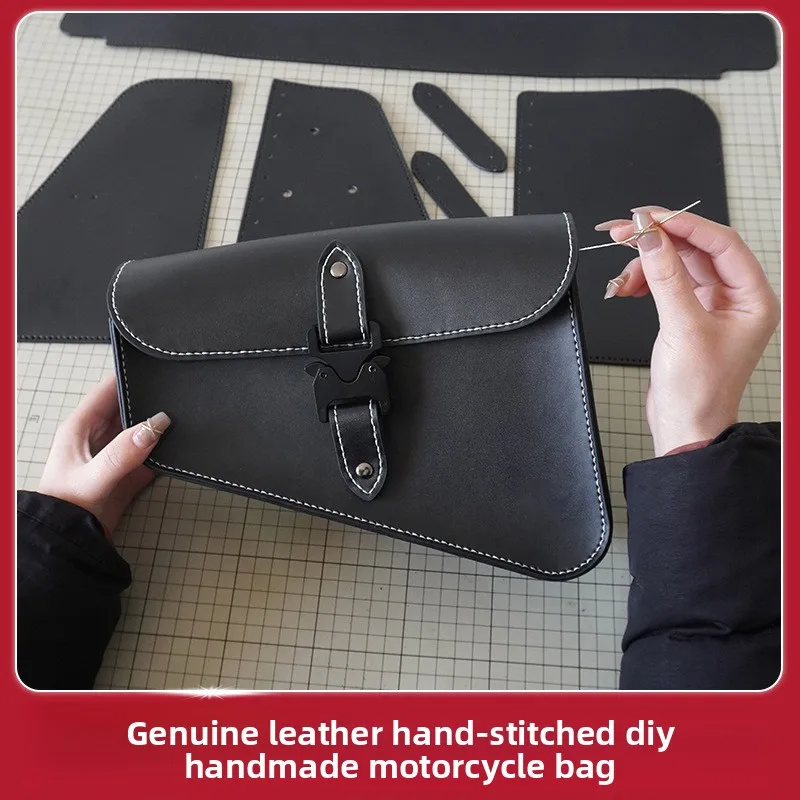 Handmade Cowhide Motorcycle Saddle Bag, DIY Leather Craft Kit with Pre-Punched Panels and Tools, Waterproof Side Pannier for