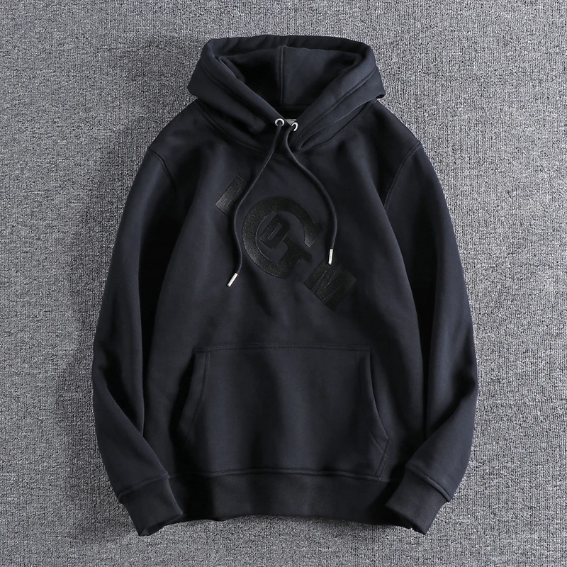 

American Trendy Embroidered Letter Jacket Autumn Winter Thickened Fleece Hooded Simple Men's Sweatshirt Casual Style Streetwear