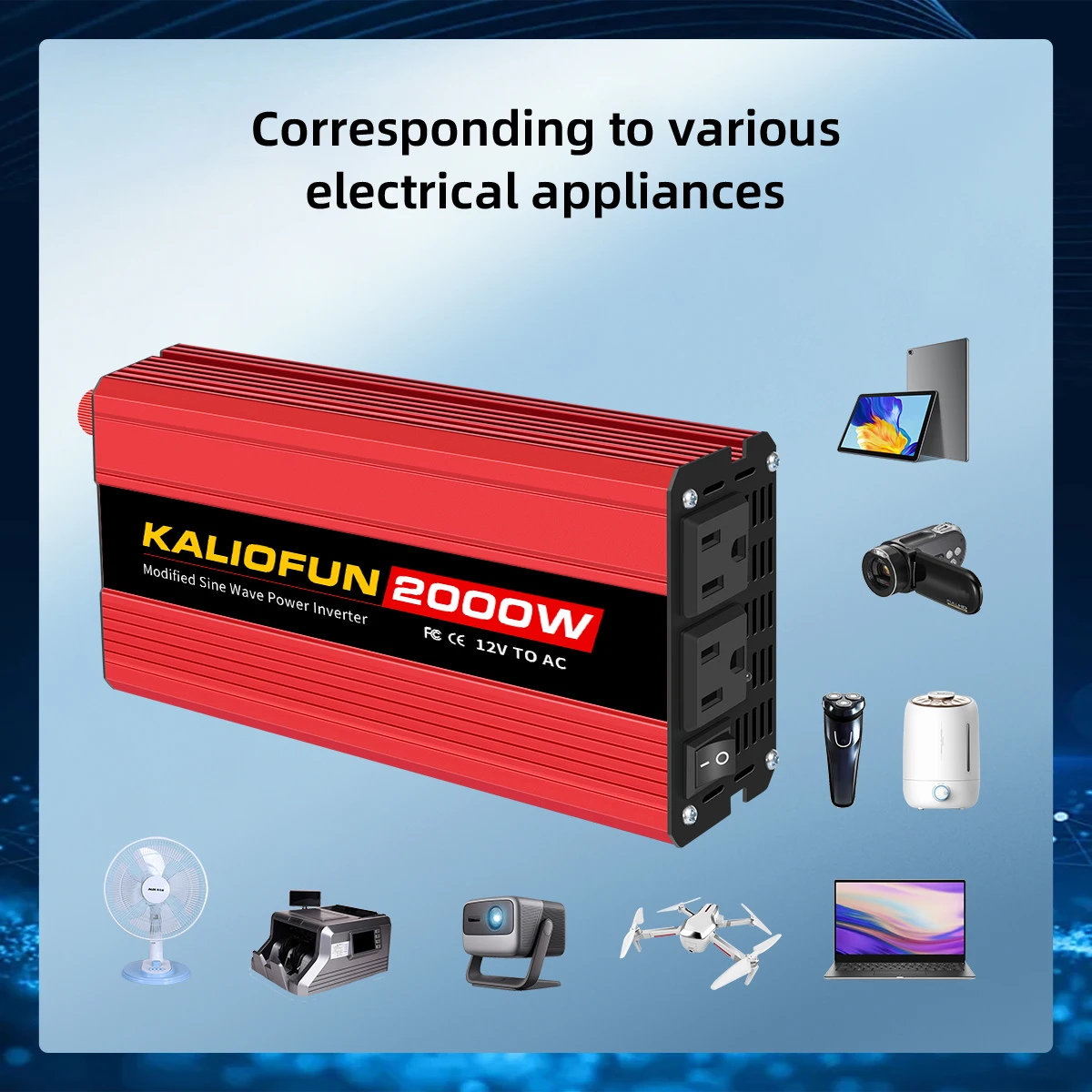 KALIOFUN 1500 واط/2000 واط/2500 واط/3000 واط تعديل موجة جيبية عاكس الطاقة 12 فولت إلى 110 فولت العالمي سيارة متعددة حماية الطوارئ