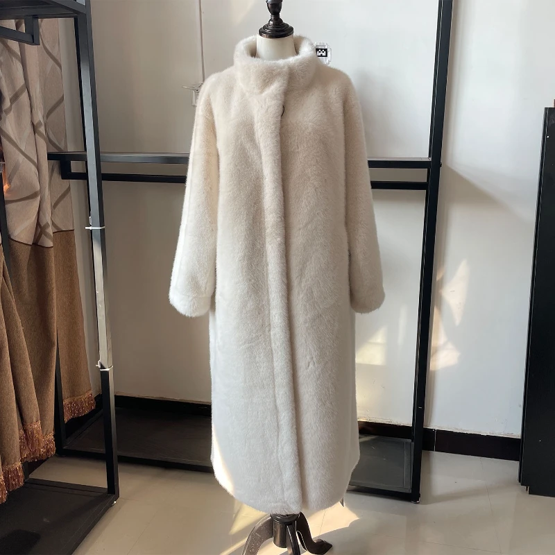 Hiver Long luxe élégant élégant épais chaud moelleux poilu doux fausse fourrure de vison manteau femmes col montant 2025
