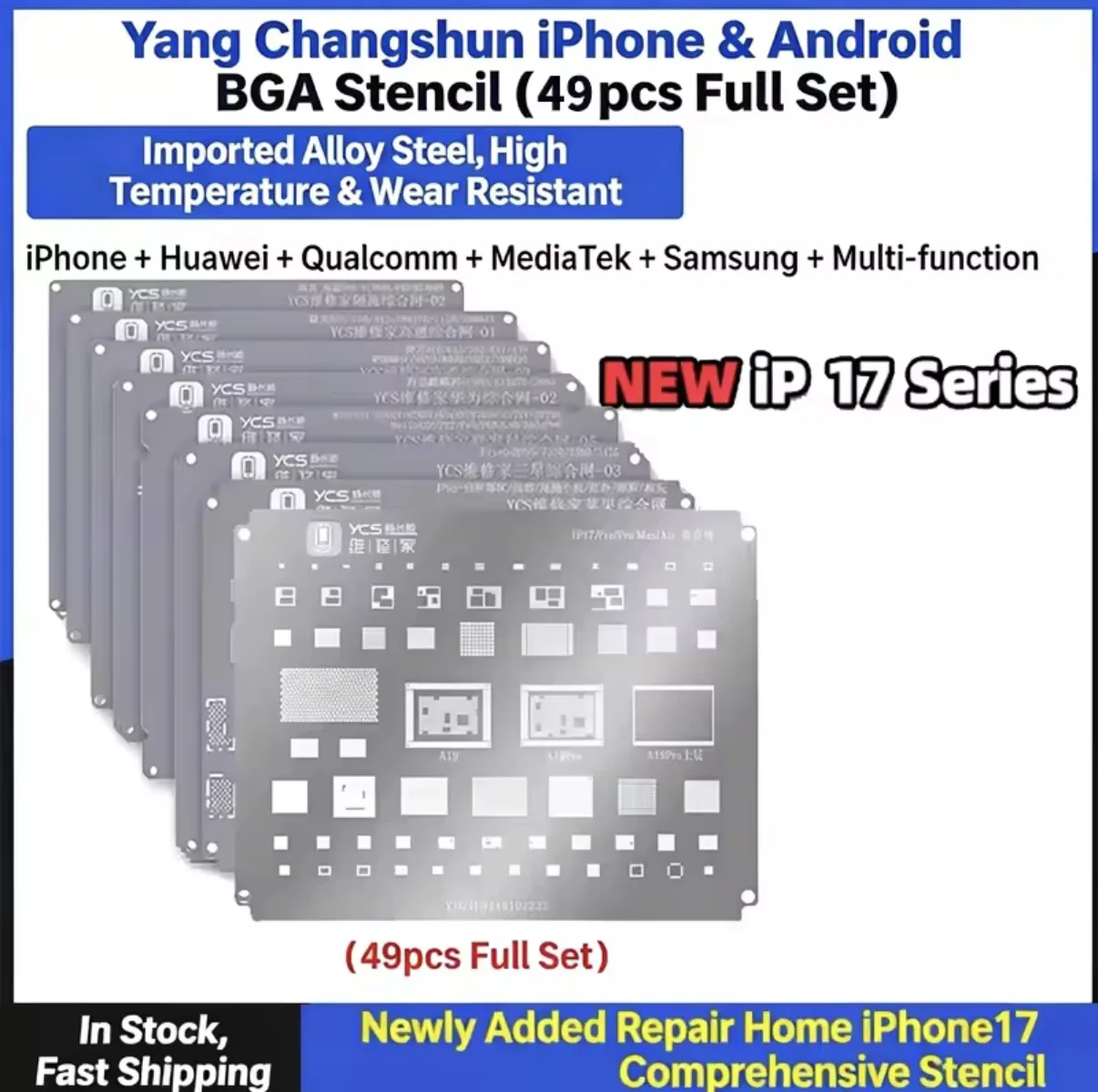 

YCS 49PCS Universal BGA Reballing Stencil Set, Tin Planting Steel Net for iPhone Android CPU Repair Tools