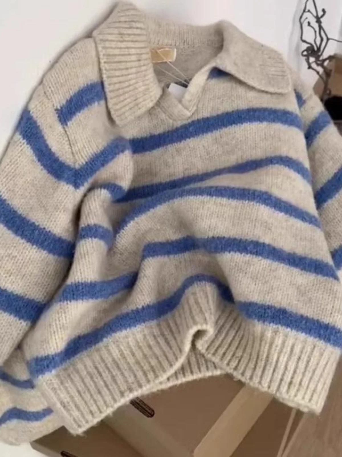Blue Striped Camere  Ne Long Sve Knitted Sweater Women's Autumn Winter Lazy Overhead irt Commute Sle Loose Fit