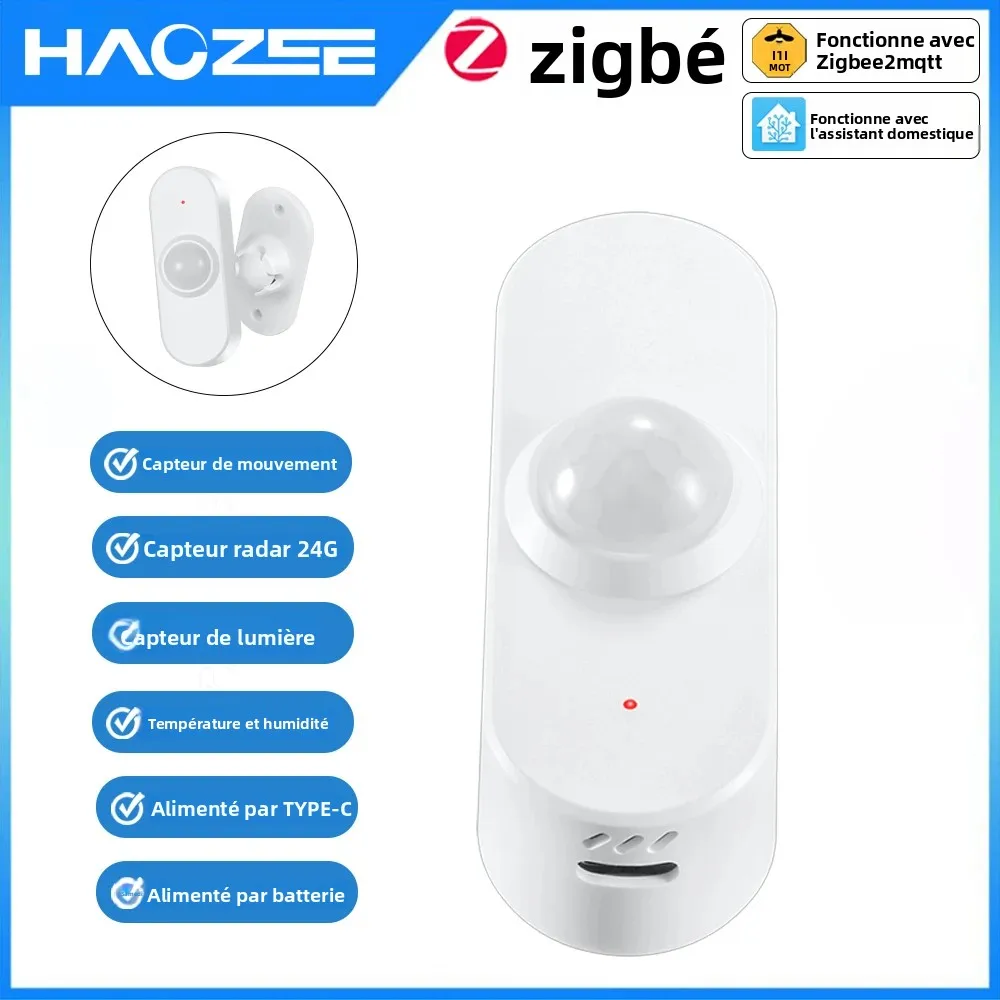 Haozee Zigbee 24G Radar capteur de mouvement de présence humaine TYPE-C/alimenté par batterie Assistant domestique Z2M température humidité luminosité D