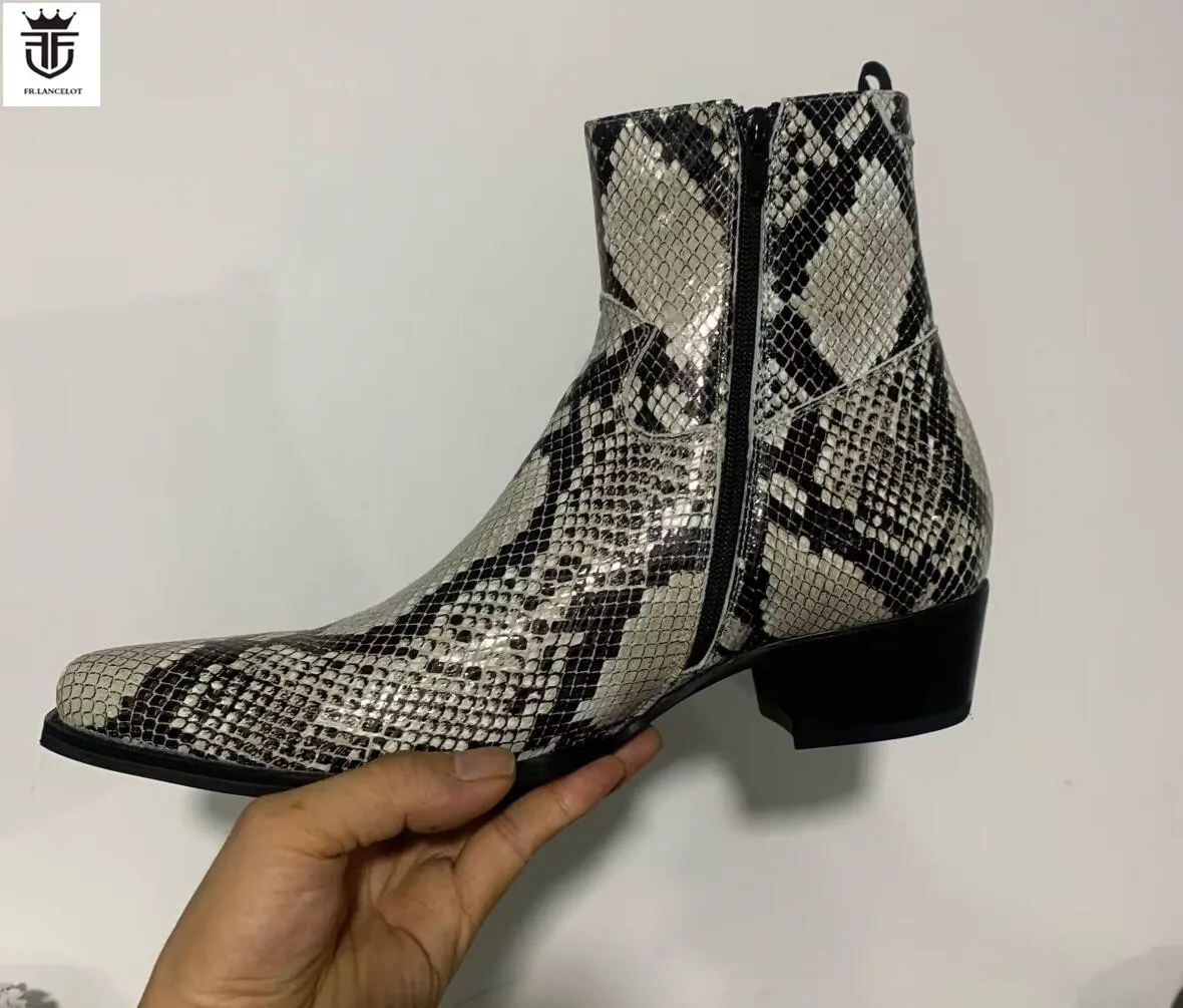 High Quality Men Westen Boots Snake Pattern Print Party Dress Shoes Super Point Toe Leather Male Boots Side Zip Easy Wear