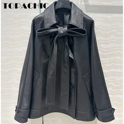 8.24 TOPACHIC-Women's Temperament Classic Long Leather Sashes Bow Lapel Loose Jacket Black Sheepskin Midi All-matches Coat