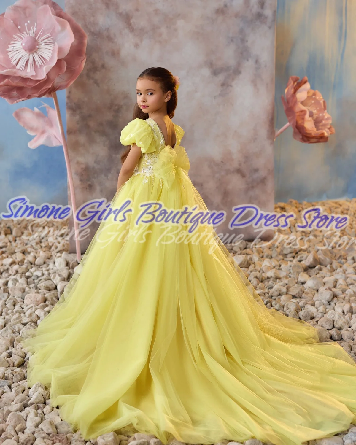 Желтое платье принцессы с открытой спиной и пышными рукавами, платье с цветочным узором для девочек для официальных приемов, дня рождения, танцевальных выступлений, вечеринок