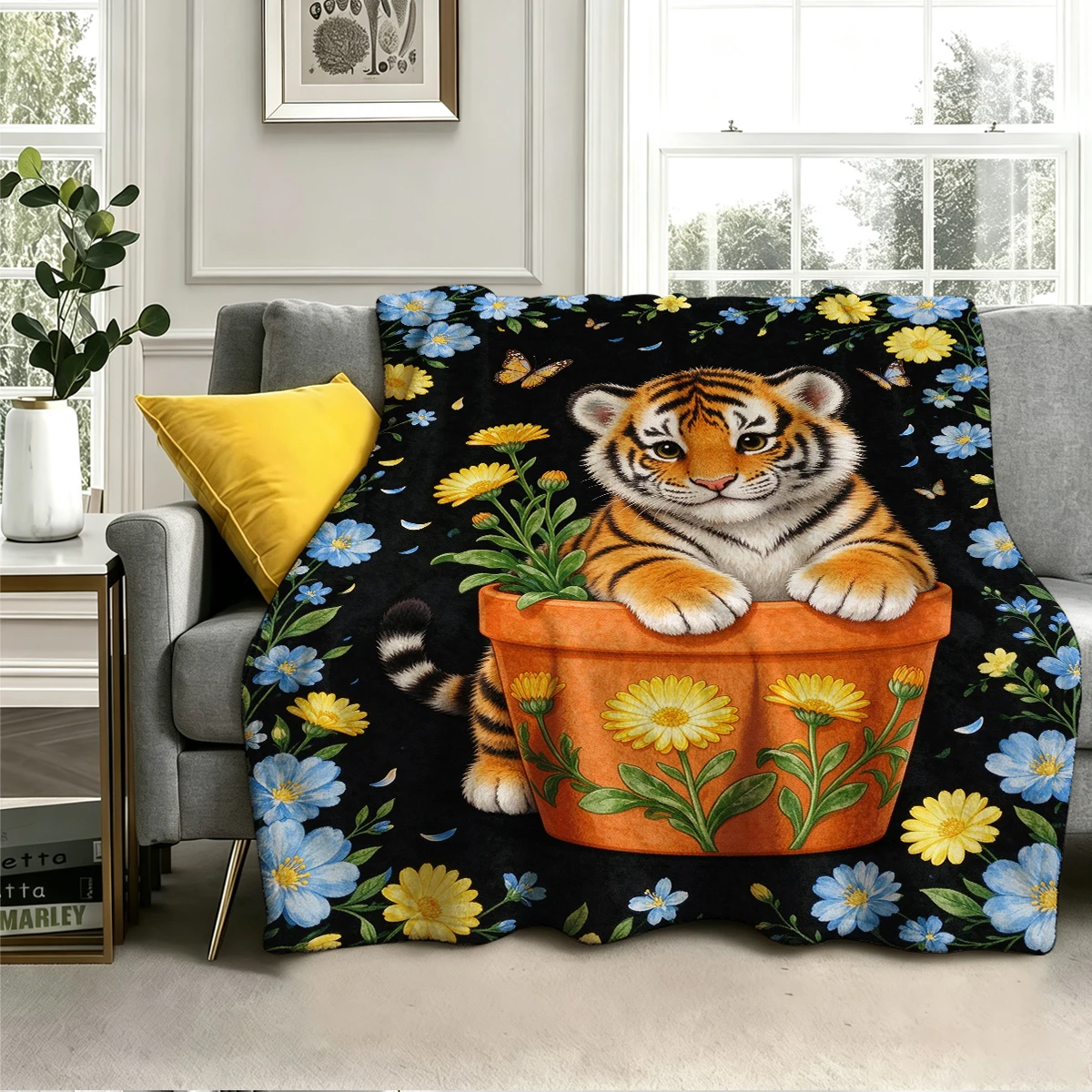 Tiger Pot Blue Yellow Floral Flannel Blanket Warm Soft Halloween Christmas Decorative Couch Warm Cozy All-Season Gift