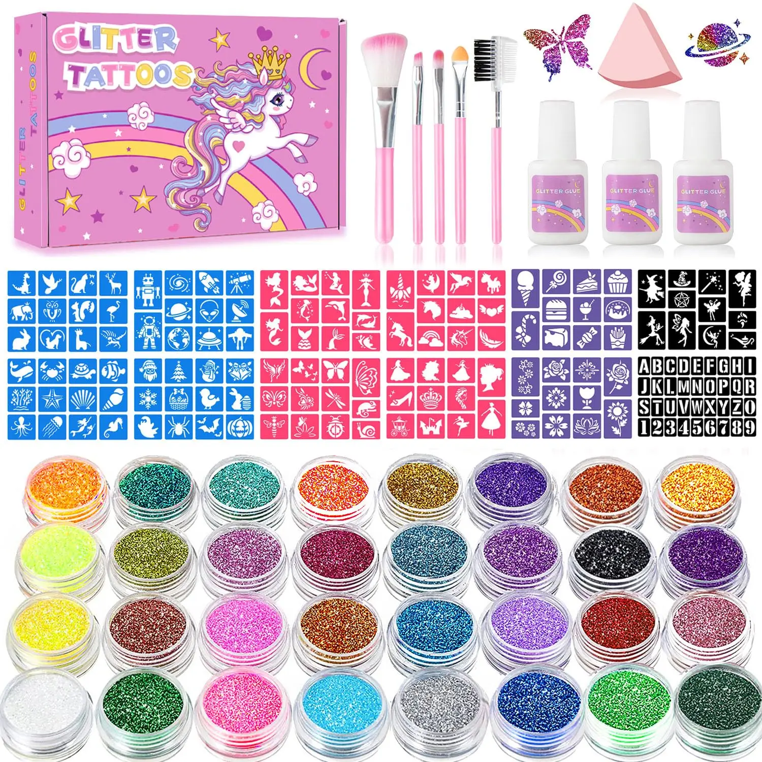

Kids Temporary Glitter Tattoo Kit with 32 Colors, 165 Stencils, Glue, Brushes - Holiday Gift for Girls and Boys
