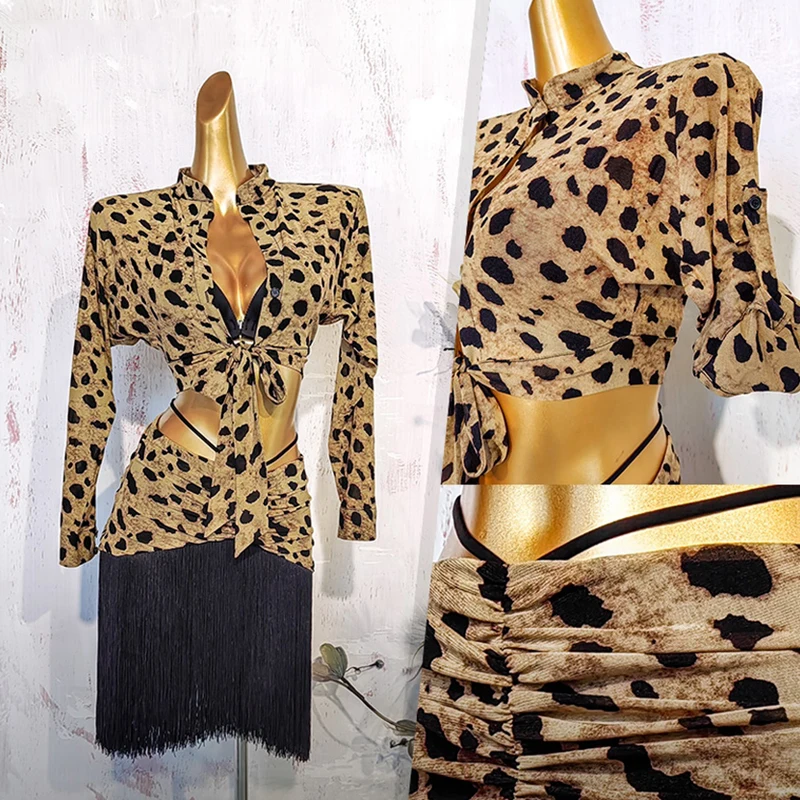 

2025 New Latin Dance Costume Women Leopard Print Top Fringe Skirt Set Adult Standard Tango Performance Outfit Latin Dress 3531
