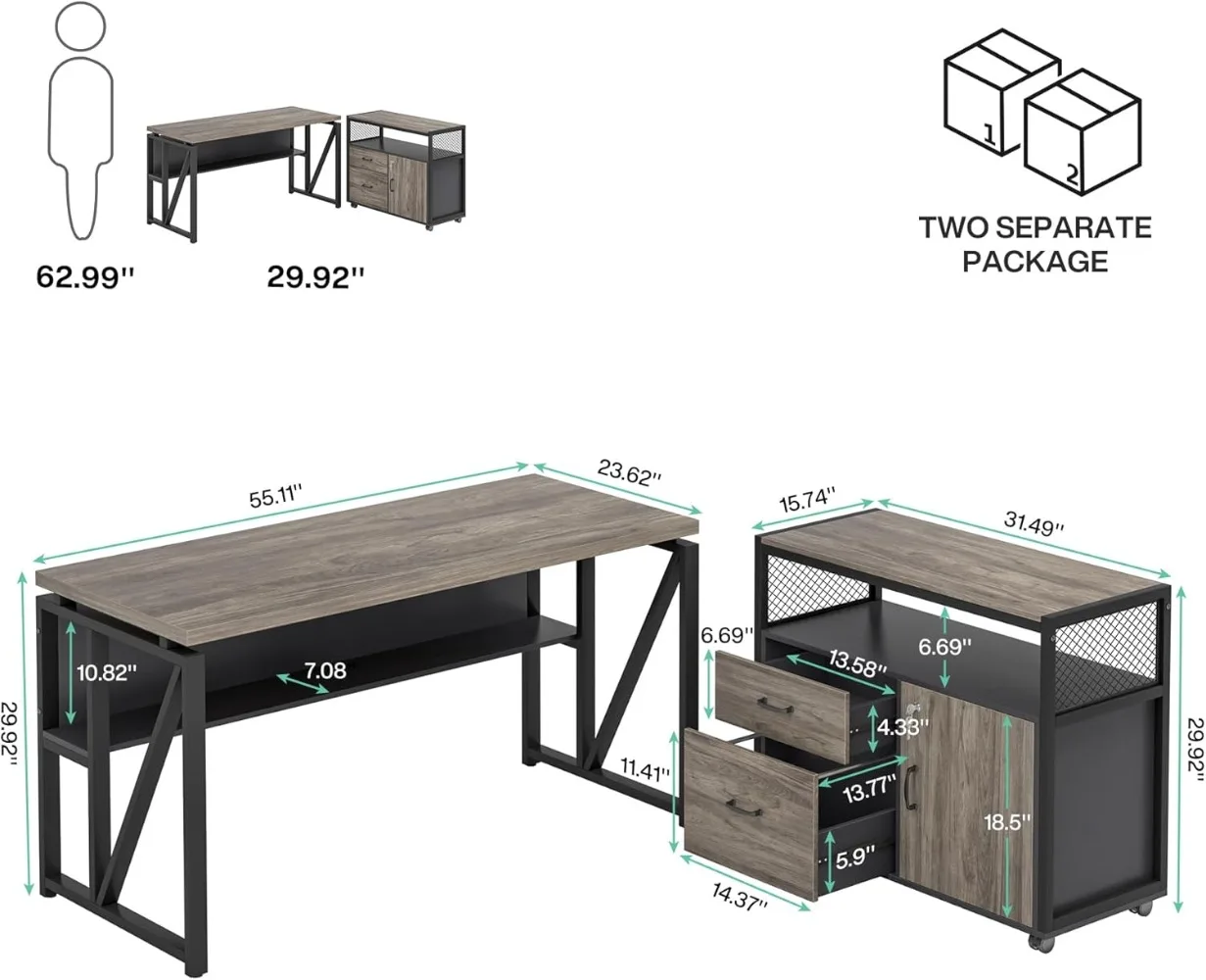 L Shaped Desk with Drawer Cabinet, 55