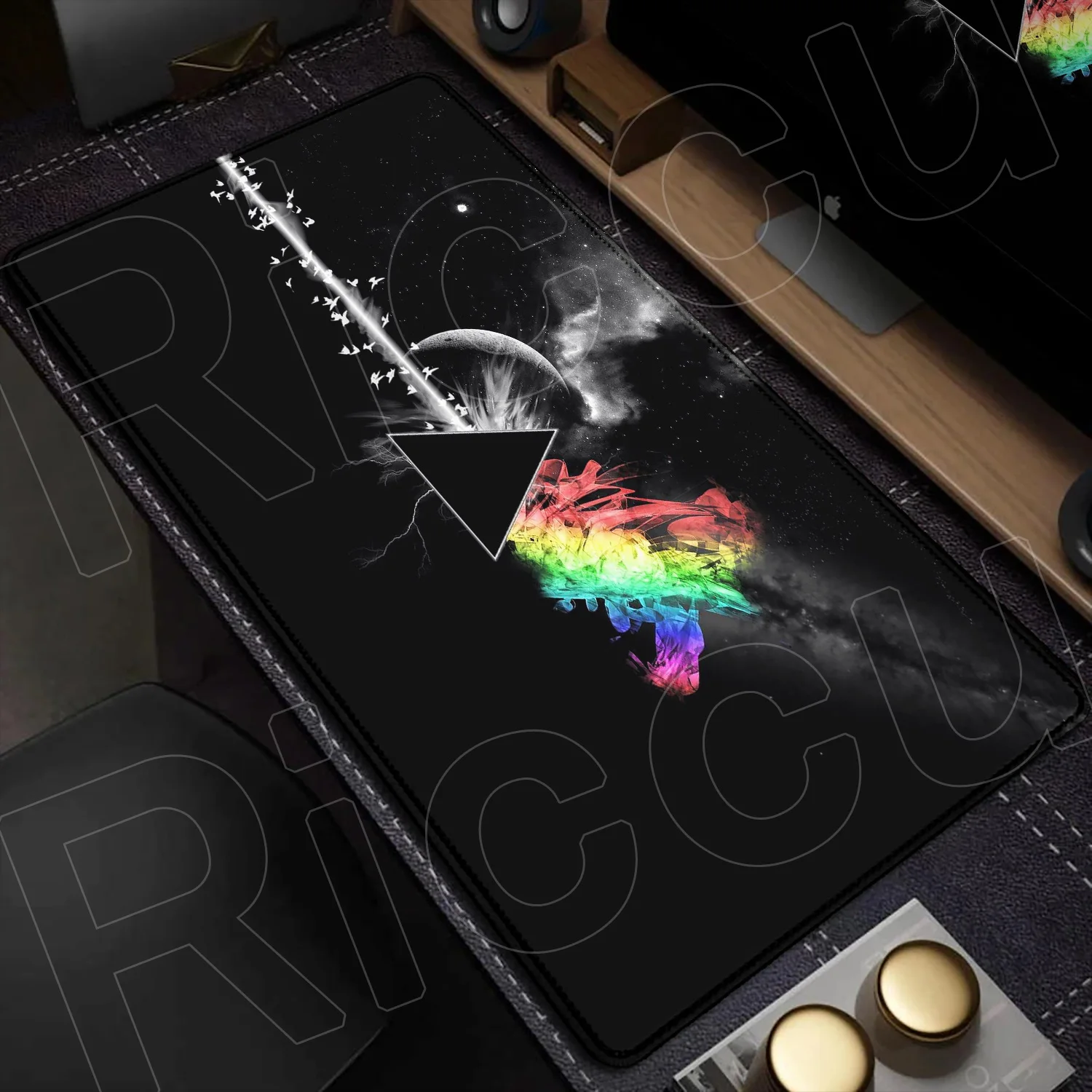 Black Mouse Pad Moon Rainbow Triangle Rock Style Art Table Mat Large Rubber Non-slip Base Keyboard Rug Company For Gift Mousepad