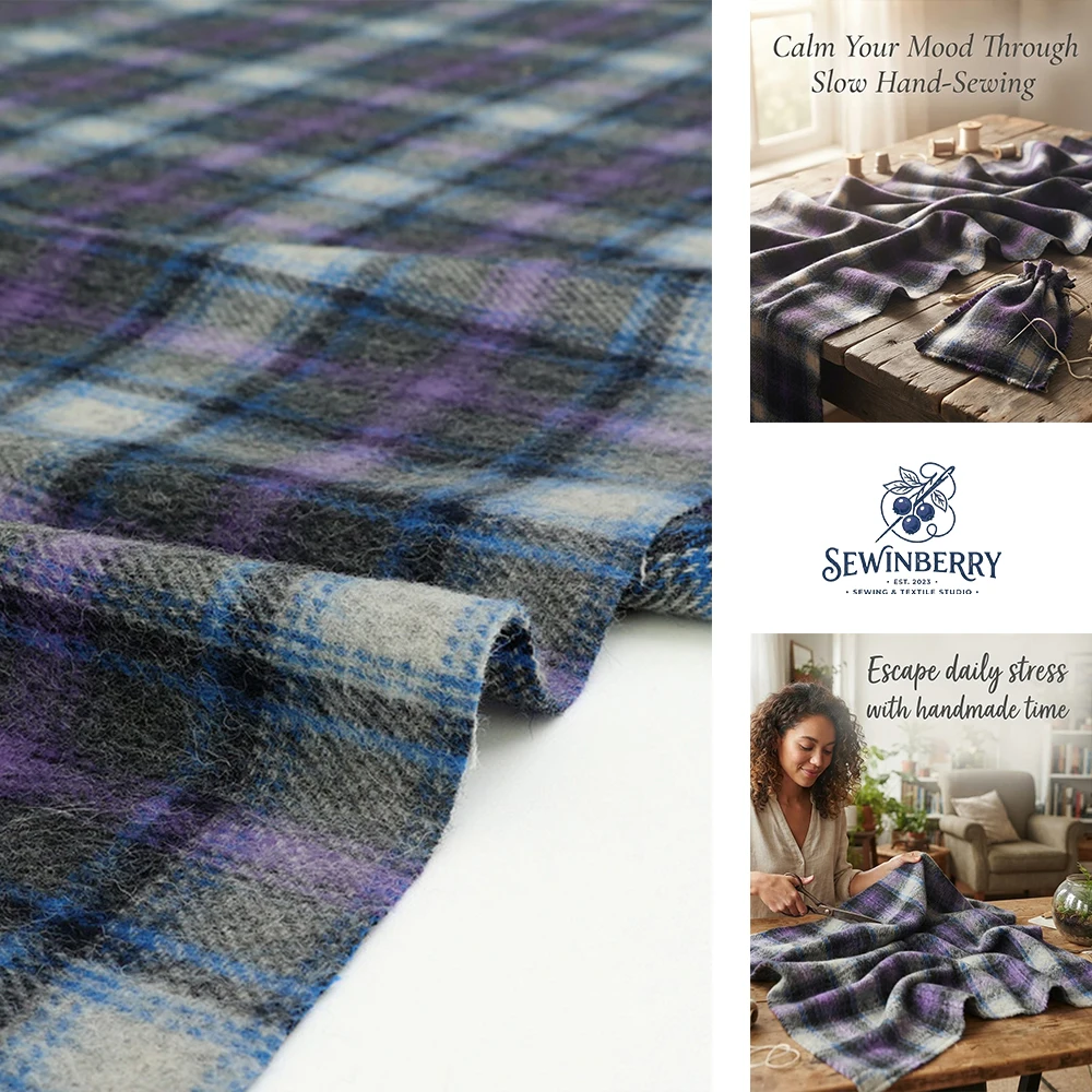 Vintage Purple Plaid Wool Flannel Fabric Stress Relief DIY Sewing Material For Coat Skirt Scarf Pillow Handmade Garment Craft