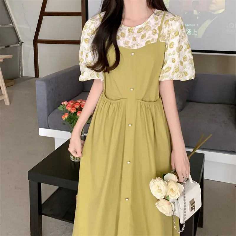 2023 New Summer Women Floral Print Patchwork Sweet Chic Midi Dress Female Fashion Elegant Short Sleeve Slim Casual Dresses Robe