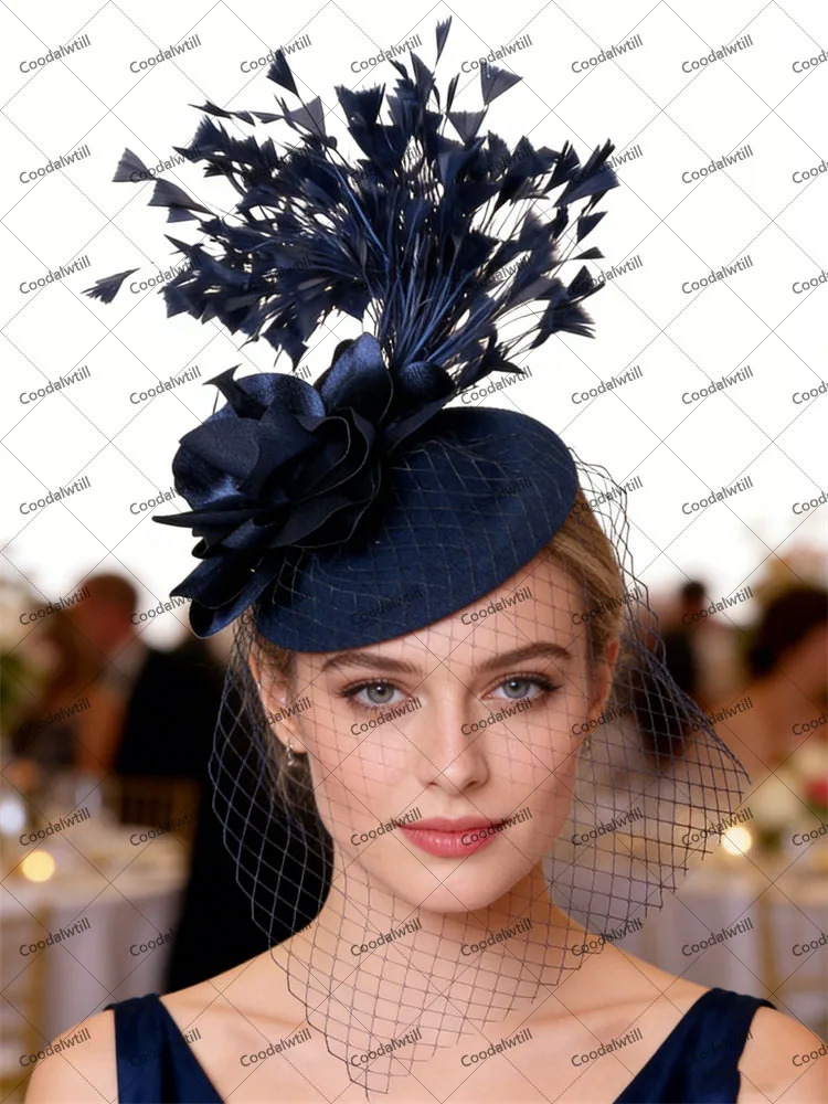 

Navy Veils Flower Pillbox Fascinator Hat Church Wedding Bride Church Pillbox Cap Women Ladies Royal Ascot Headpiece Hair Clip