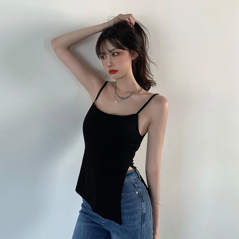 Nueva moda camisola con abertura lateral Irregular mujer chica 2025 verano sólido todo-fósforo sin mangas Sexy Tops