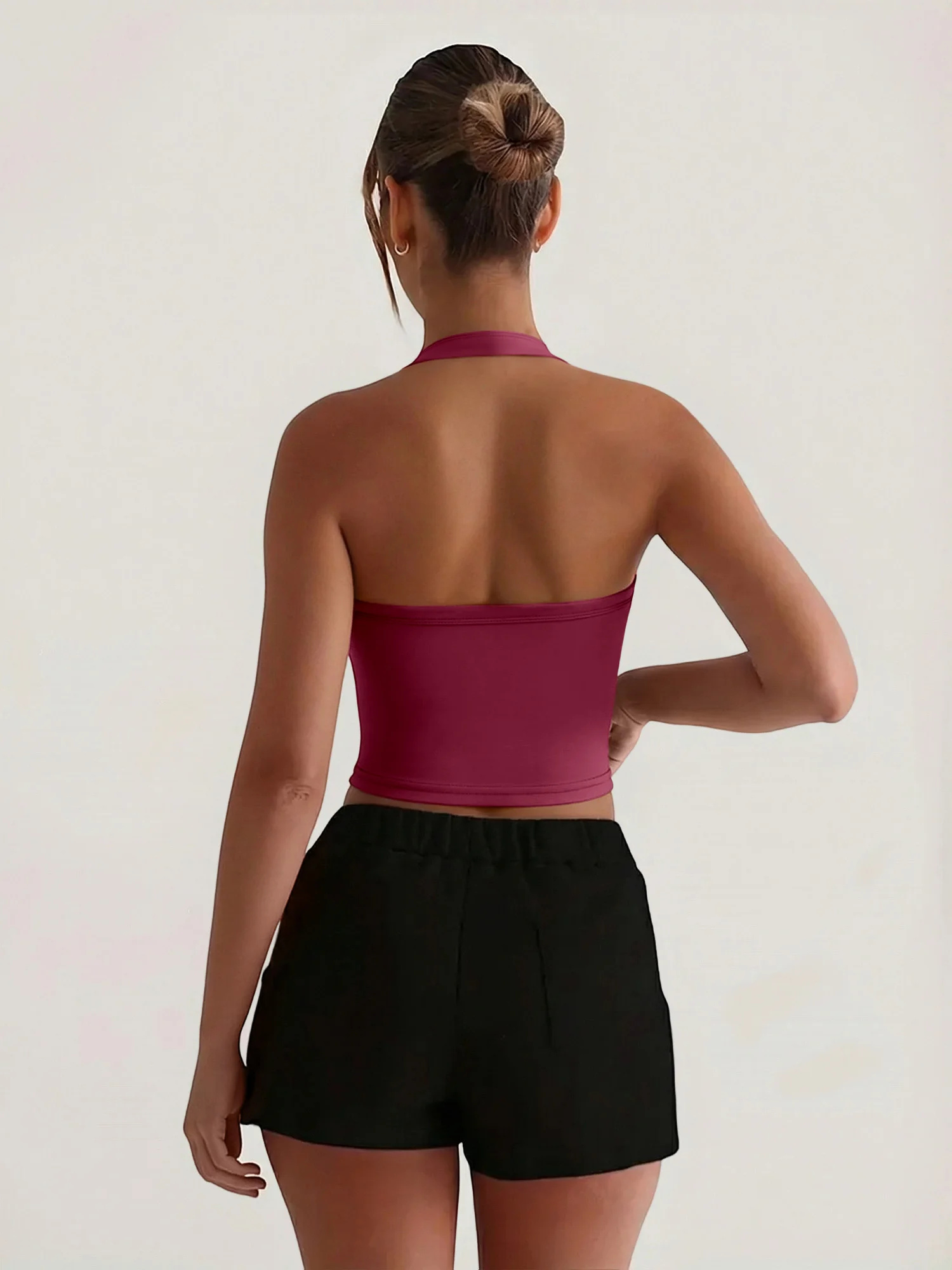 Women Coquette Street Halter Neck Crop Tank Top Solid Sleeveless U‑Neck Backless Slim Camisole Daily Fitness Jogging Short Tops
